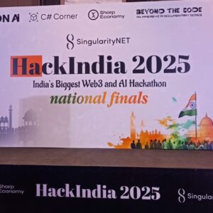 Stage setup for HackIndia 2025 National Finals featuring LED walls, podium branding, and a large event backdrop executed by Matrix Entertainment.