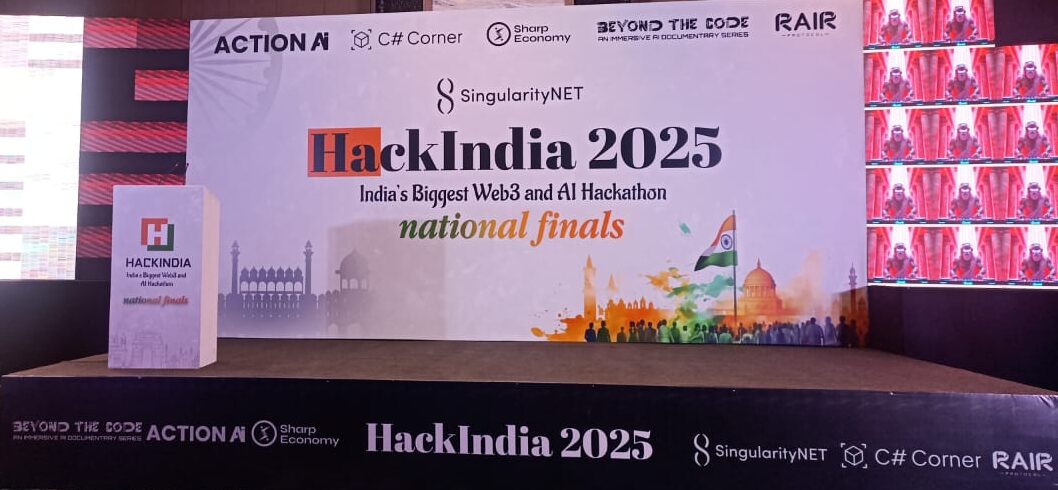 Stage setup for HackIndia 2025 National Finals featuring LED walls, podium branding, and a large event backdrop executed by Matrix Entertainment.