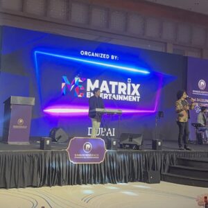 Stage setup at the Sunbliss Residences Dubai launch event organized by Matrix Entertainment, featuring live music and elegant lighting.